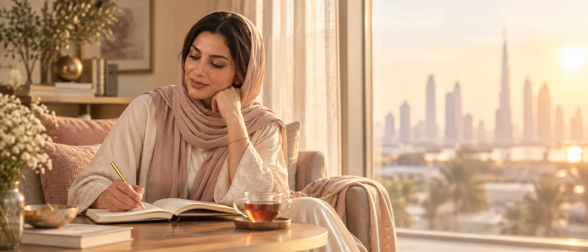 امرأة بتكتب جوا بيتها بهدوء وثقة